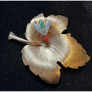 Krementz Leaf Brooch w/ Bug Gold Overlay Enamel & Coral Bead